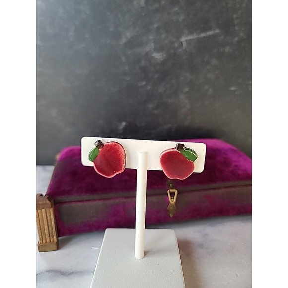 Vintage Ceramic Apple Stud Earrings - Picture 2 of 10